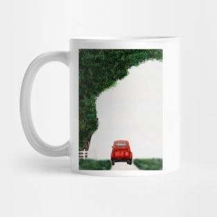 Vintage Red Truck on Country Road with White Picket Fence and Lush Tree Watercolor Mug